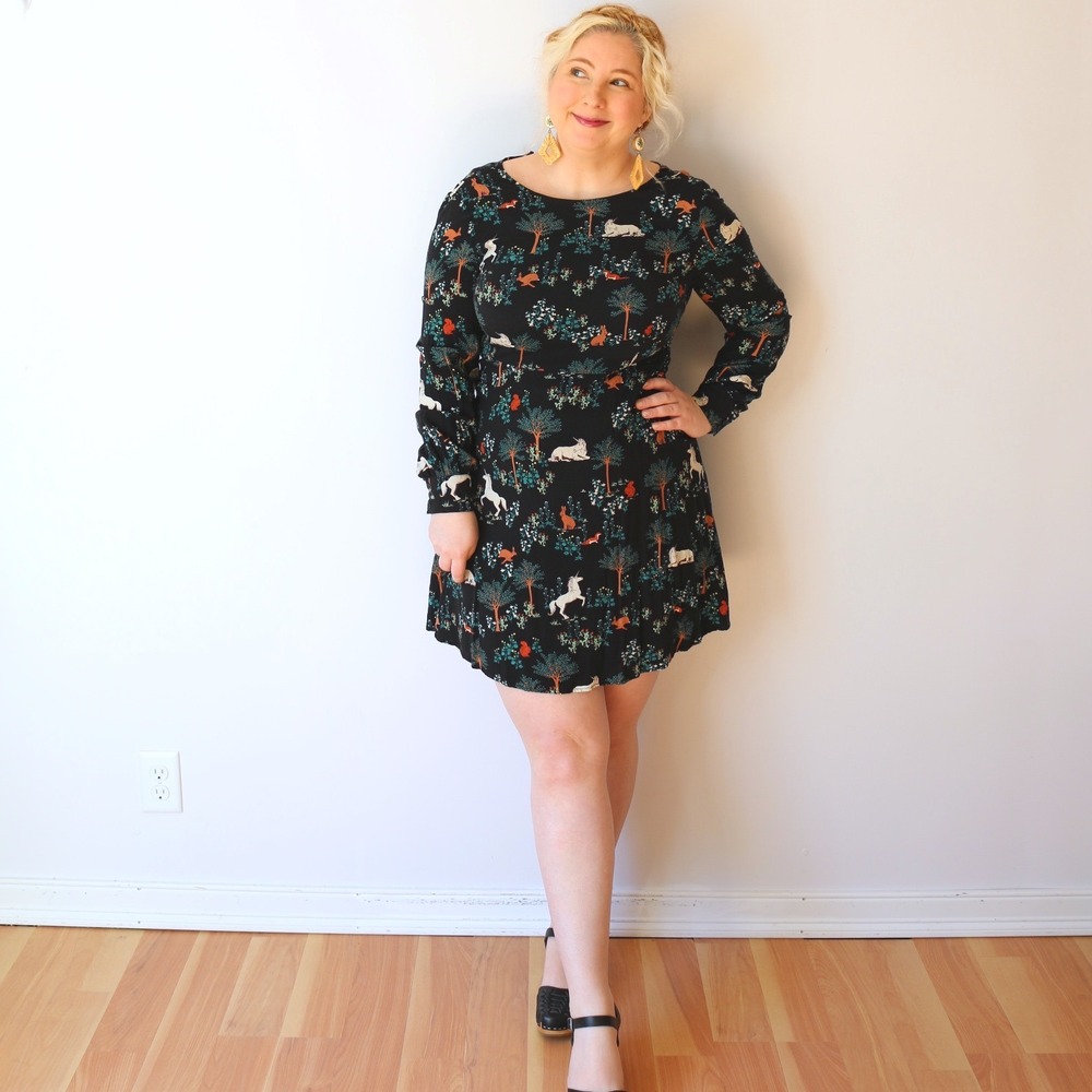 Modcloth Sugarhill Mini Dress Black Unicorn Woodland Print Long Sleeve Whimsical